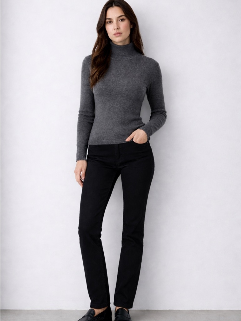 Vintage Gray Cashmere mock neck Sweater Minimalist Luxury Knit Soft Cozy M